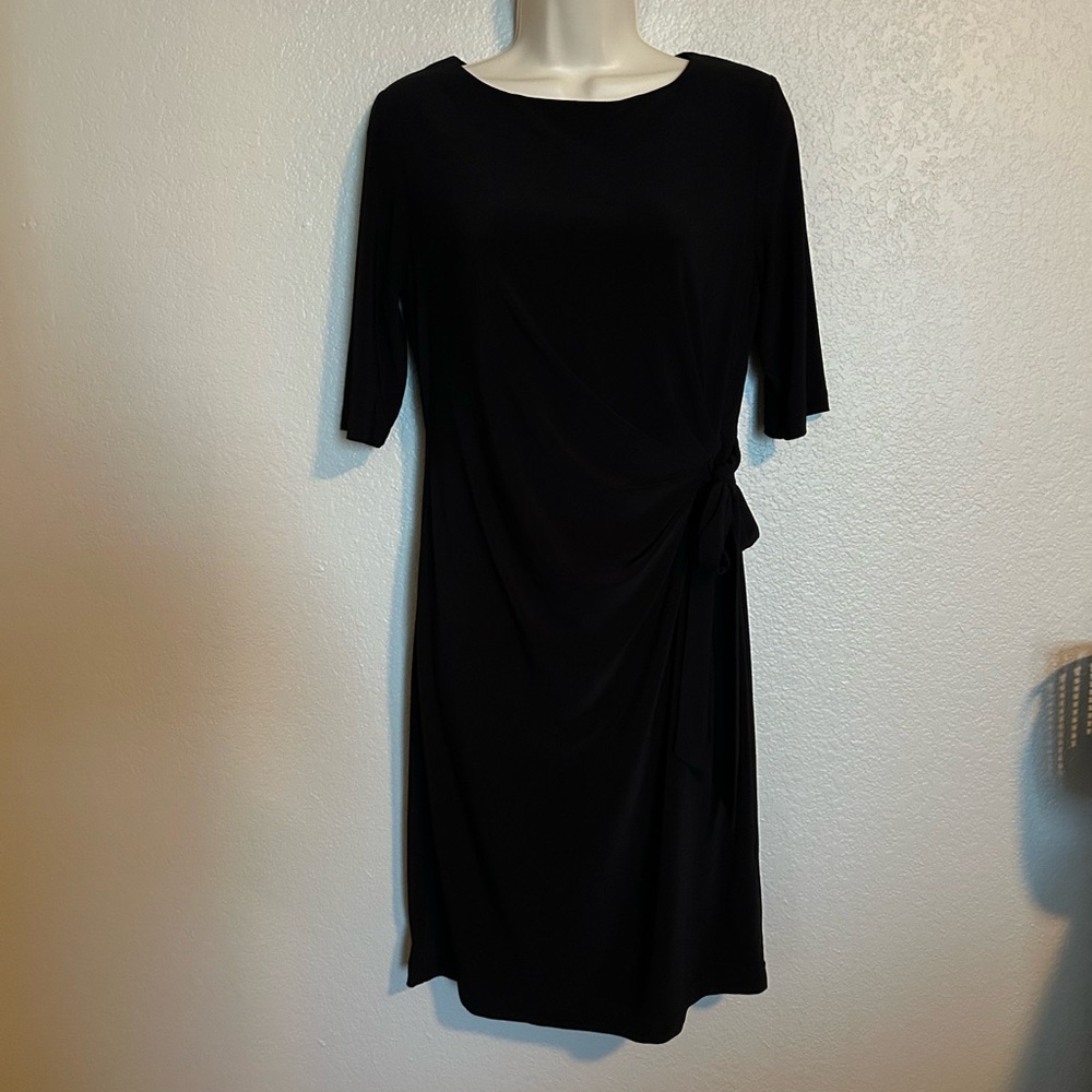 Chic Black Midi Dress with side tie sz S elegant wedding - Picture 2 of 11